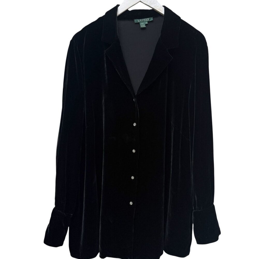 LAUREN Ralph Lauren Silk Blend Velvet Shirt Womens 16W Black Evening Tunic Blous